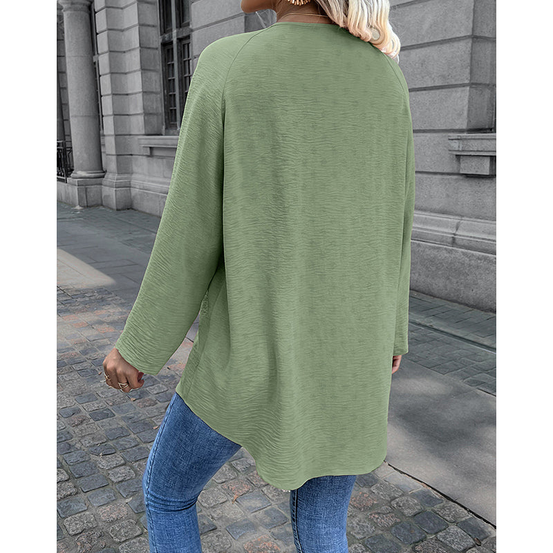 Green Collarless Opaque Longline Casual Shirt