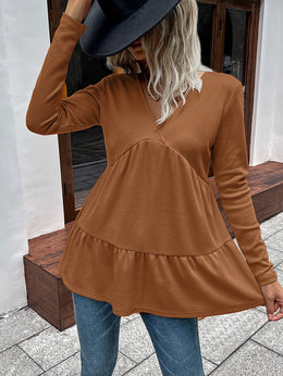 Brown V-Neck Gathered & Tiered Detail Longline Top