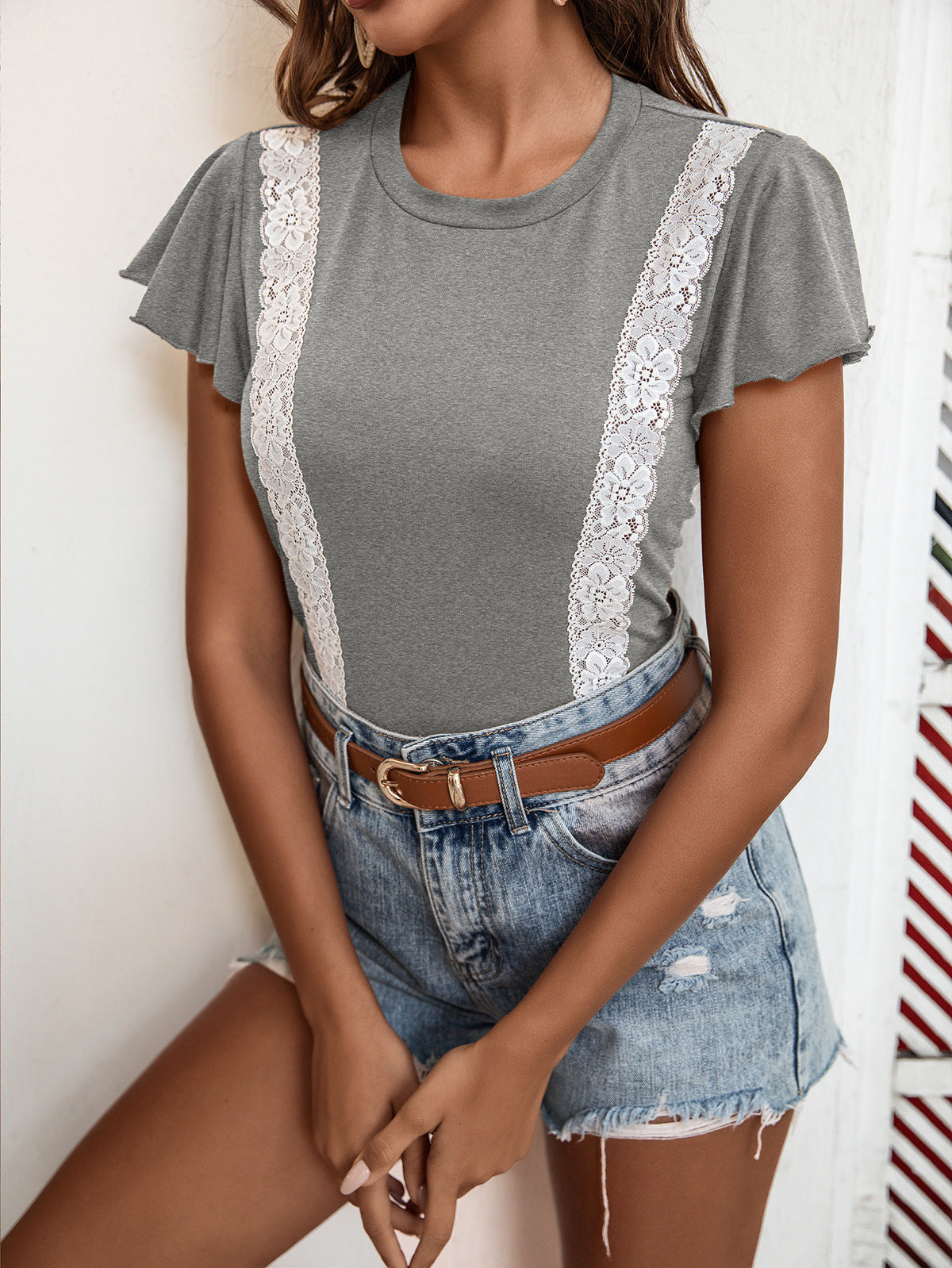 Grey Flutter Sleeves Lace Insert Top