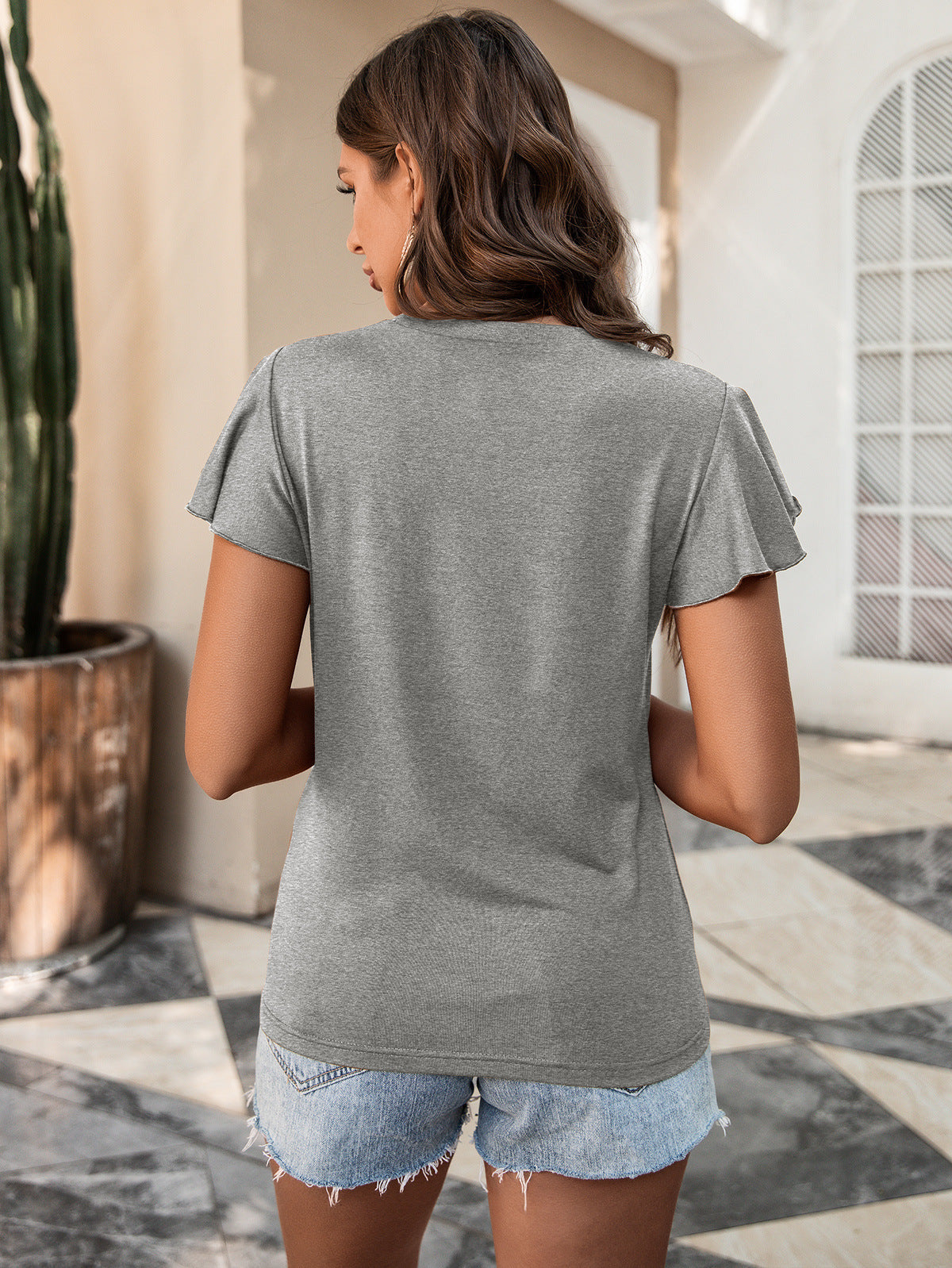 Grey Flutter Sleeves Lace Insert Top