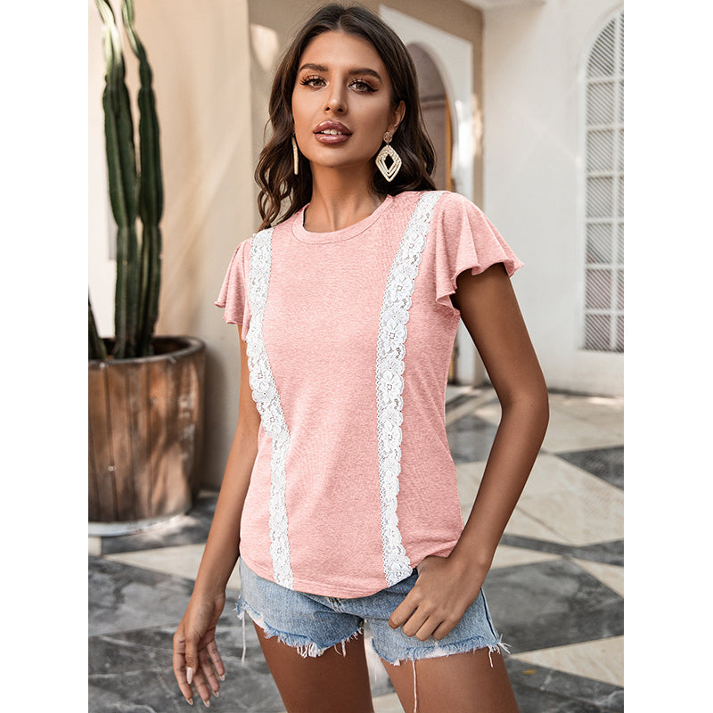 Pink Flutter Sleeves Lace Insert Top