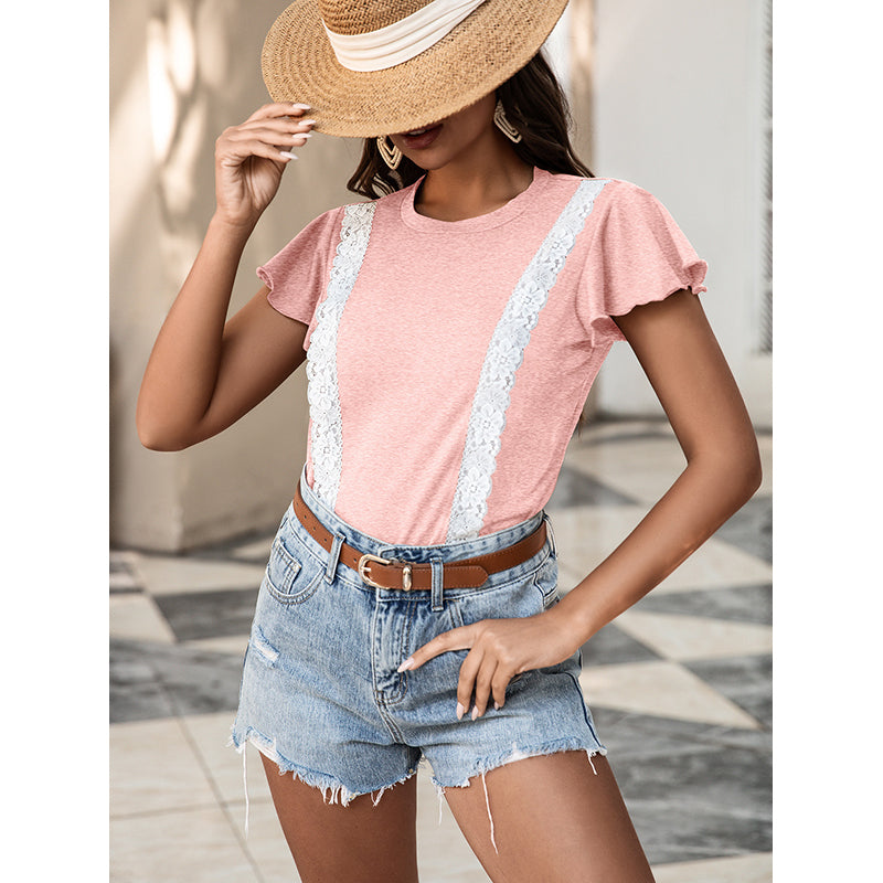 Pink Flutter Sleeves Lace Insert Top
