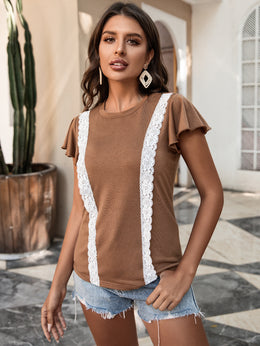 Brown Flutter Sleeves Lace Up Detail Top