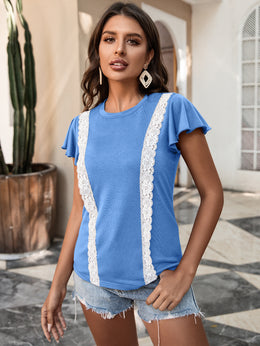 Blue Flutter Sleeves Lace Insert Top