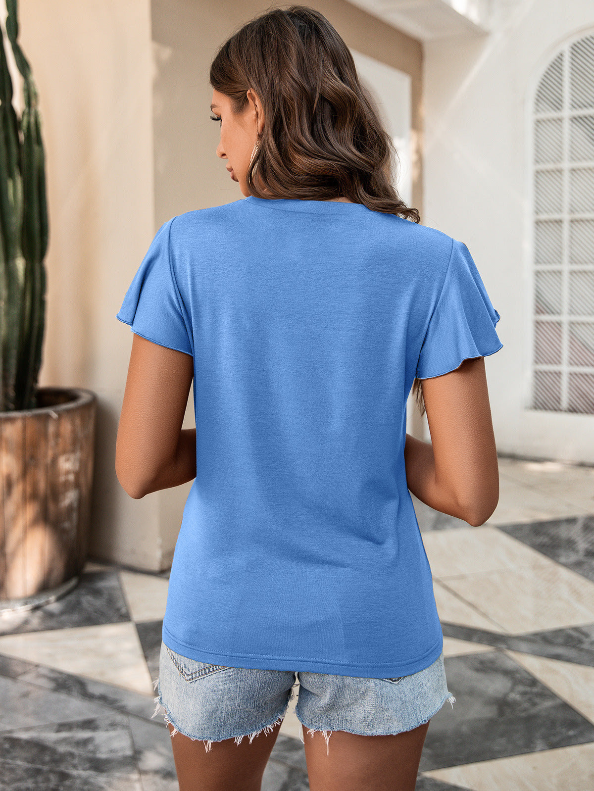 Blue Flutter Sleeves Lace Insert Top