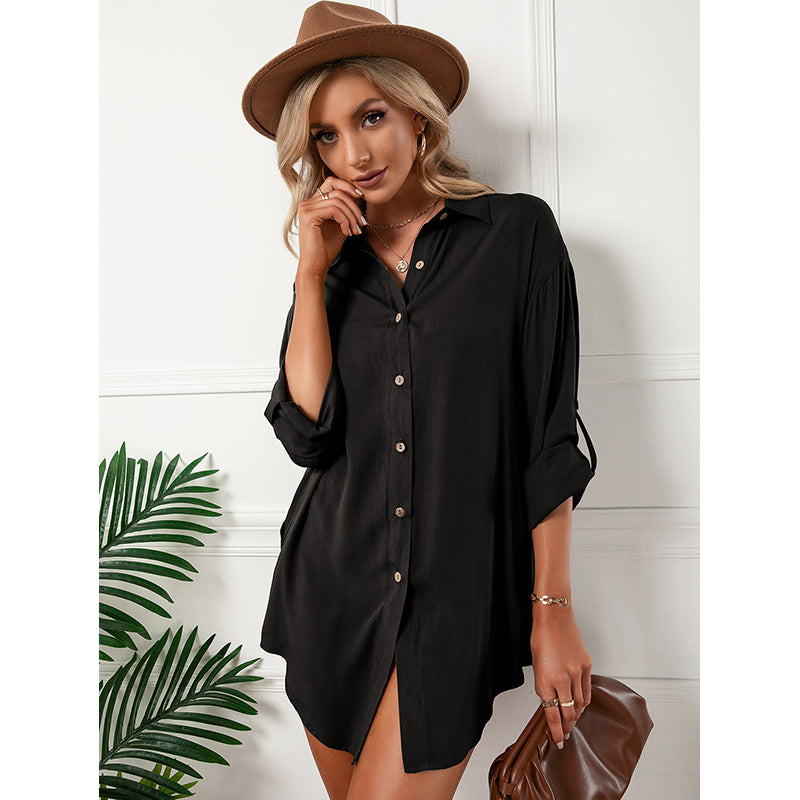 Black Shirt Collar Roll-Up Sleeves Shirt Dress