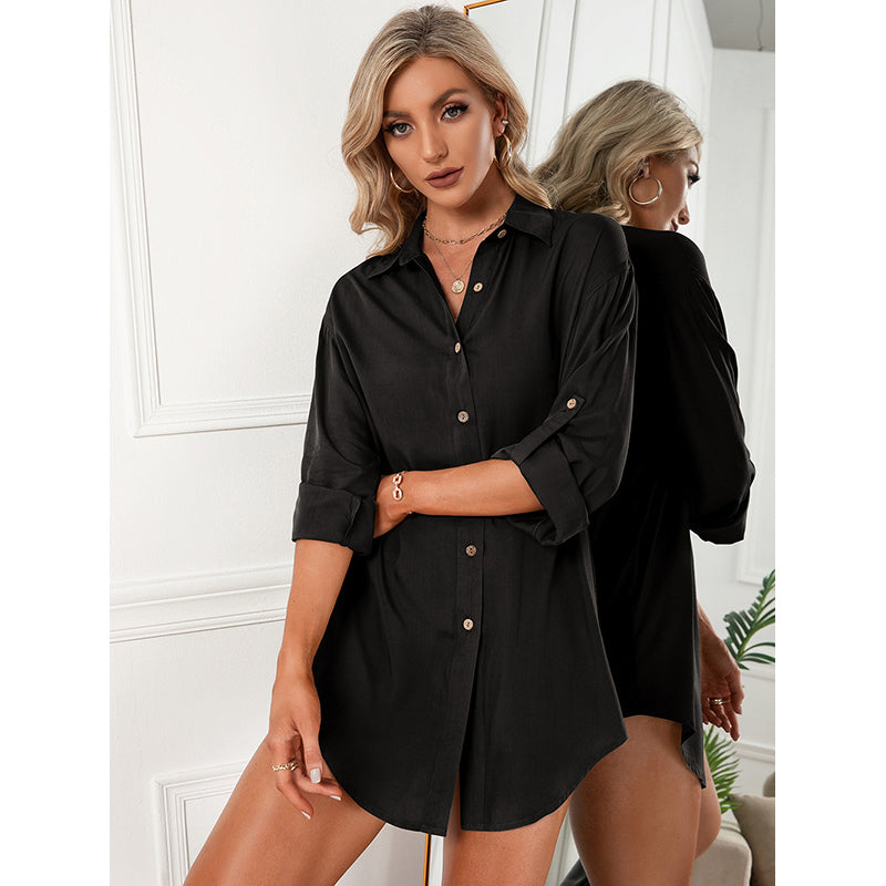 Black Shirt Collar Roll-Up Sleeves Shirt Dress