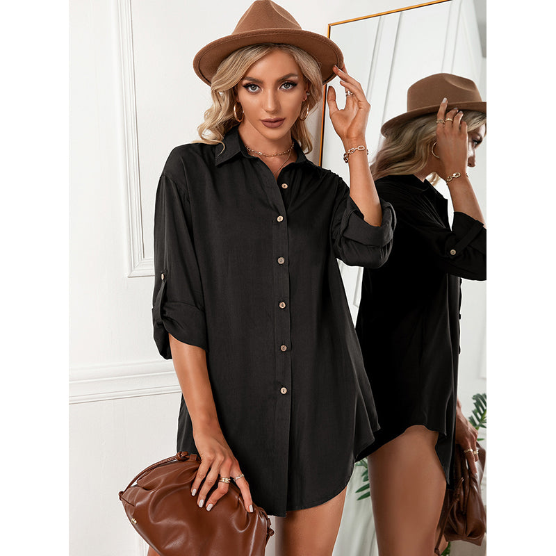 Black Shirt Collar Roll-Up Sleeves Shirt Dress