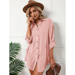 Pink Shirt Collar Roll-Up Sleeves Mini Shirt Dress