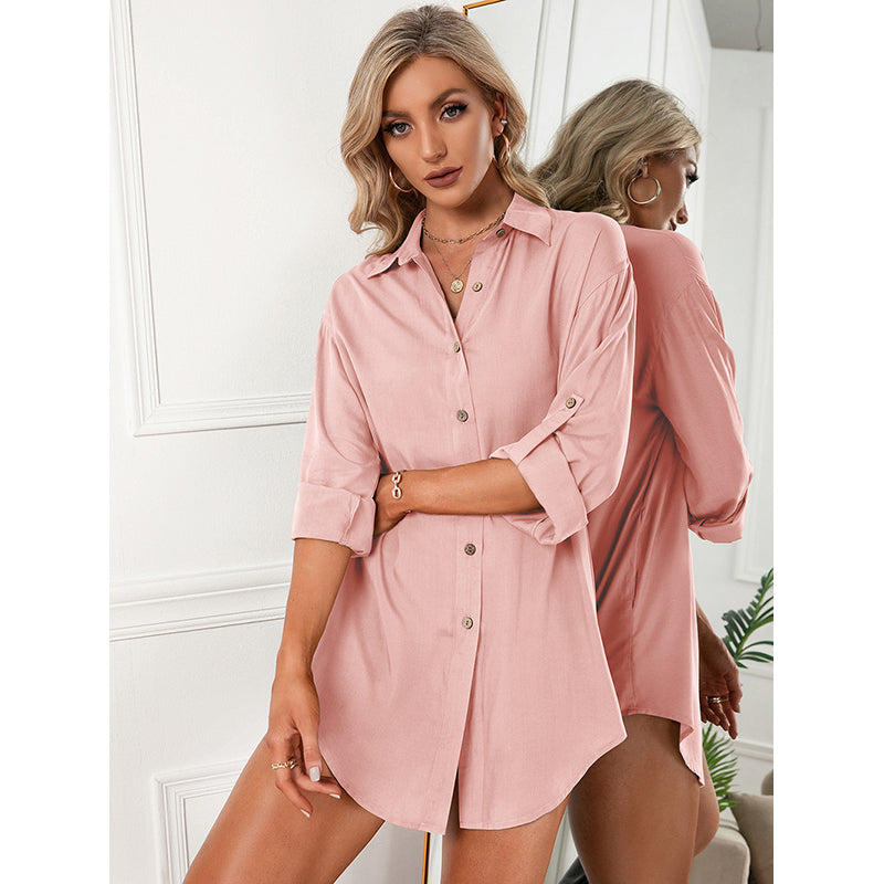 Pink Shirt Collar Roll-Up Sleeves Mini Shirt Dress