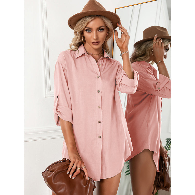 Pink Shirt Collar Roll-Up Sleeves Mini Shirt Dress