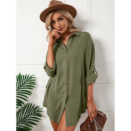 Green Shirt Collar Roll-Up Sleeves Shirt Dress
