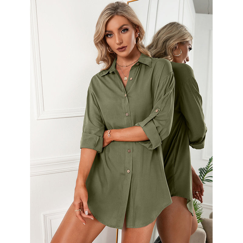 Green Shirt Collar Roll-Up Sleeves Shirt Dress