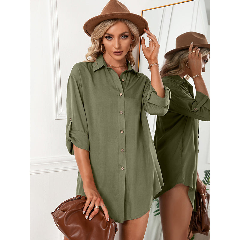 Green Shirt Collar Roll-Up Sleeves Shirt Dress