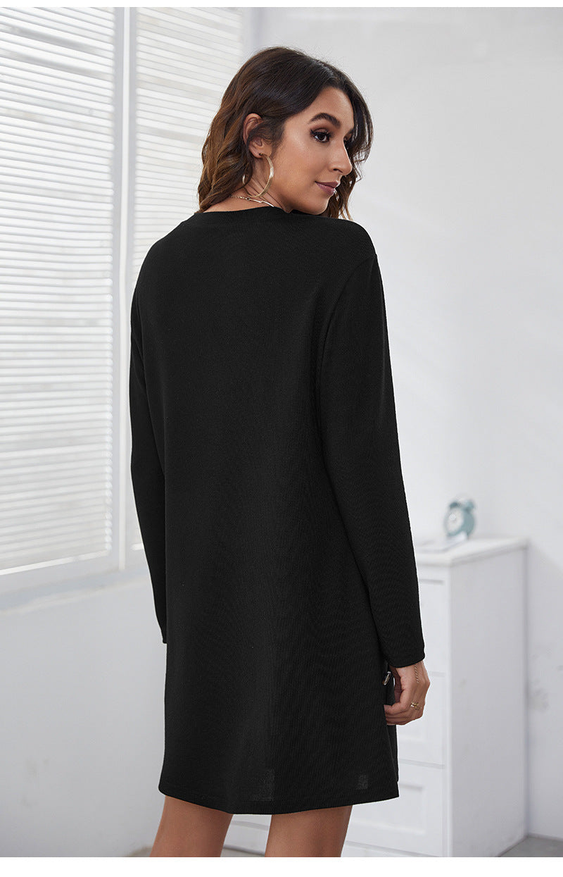 Women Black Solid Full Sleeves A Line Knee Length Dress