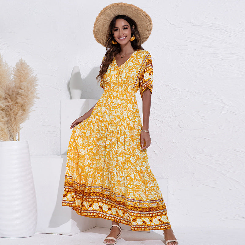 Yellow & White Floral Printed Maxi Dress
