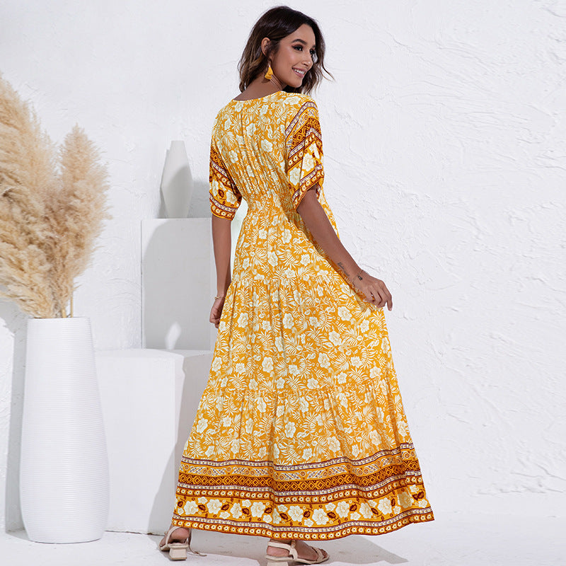 Yellow & White Floral Printed Maxi Dress