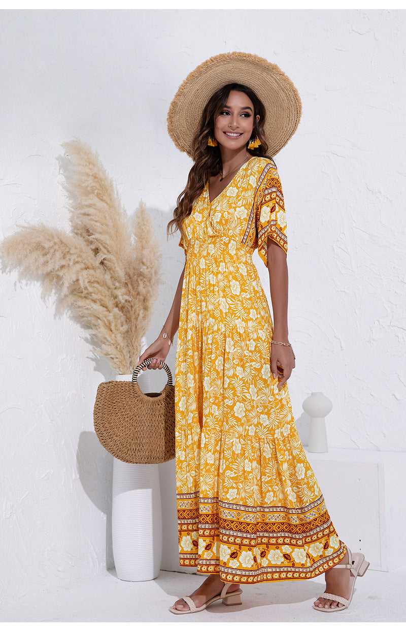 Yellow & White Floral Printed Maxi Dress