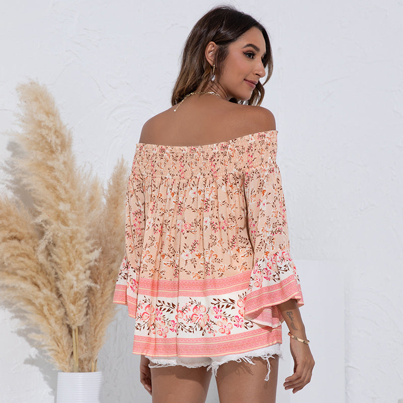 Peach-Coloured Floral Print Off-Shoulder Bardot Top