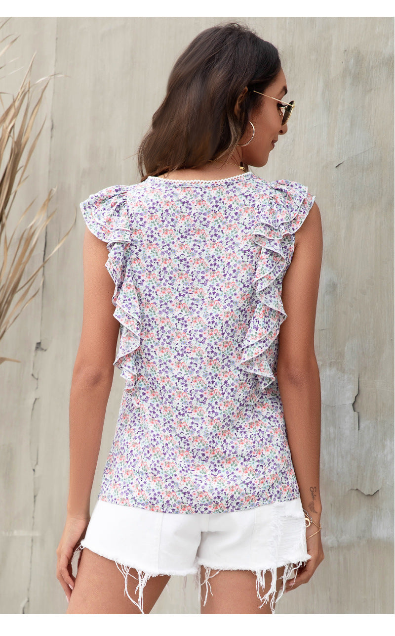 Floral Printed V-Neck Flutter Sleeve Top