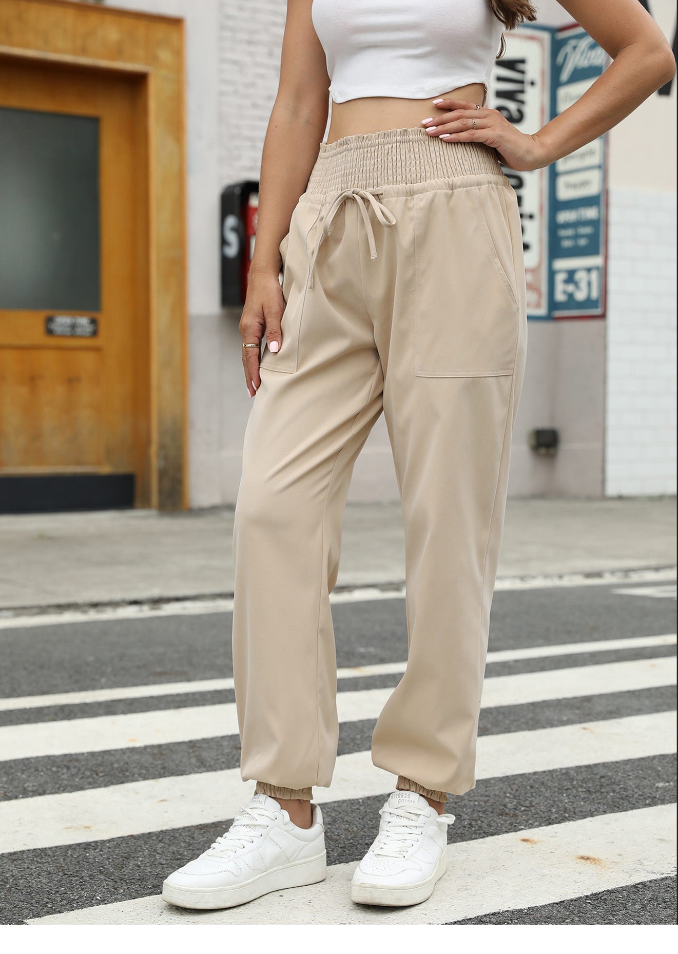 Women Khaki Tapered Fit High-Rise Joggers Trousers