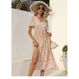 Pink Floral Printed Fit & Flare Midi Dress