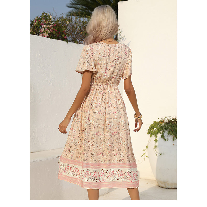 Pink Floral Printed Fit & Flare Midi Dress