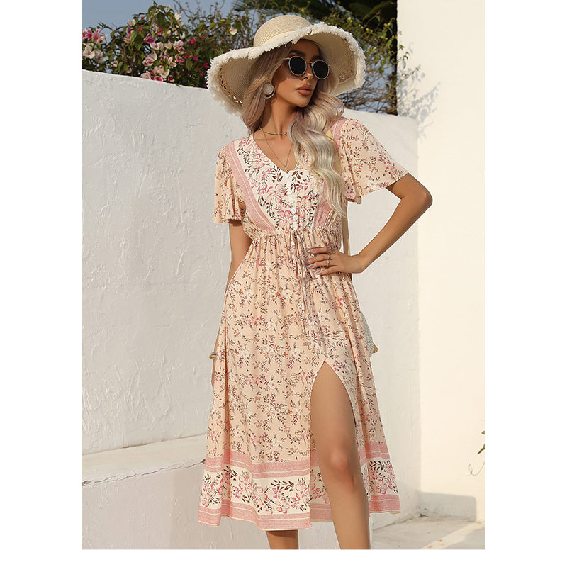 Pink Floral Printed Fit & Flare Midi Dress