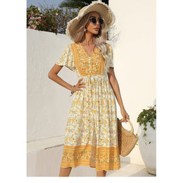 Yellow Floral Printed V-Neck Flared Sleeves Fit and Flare Midi Dress