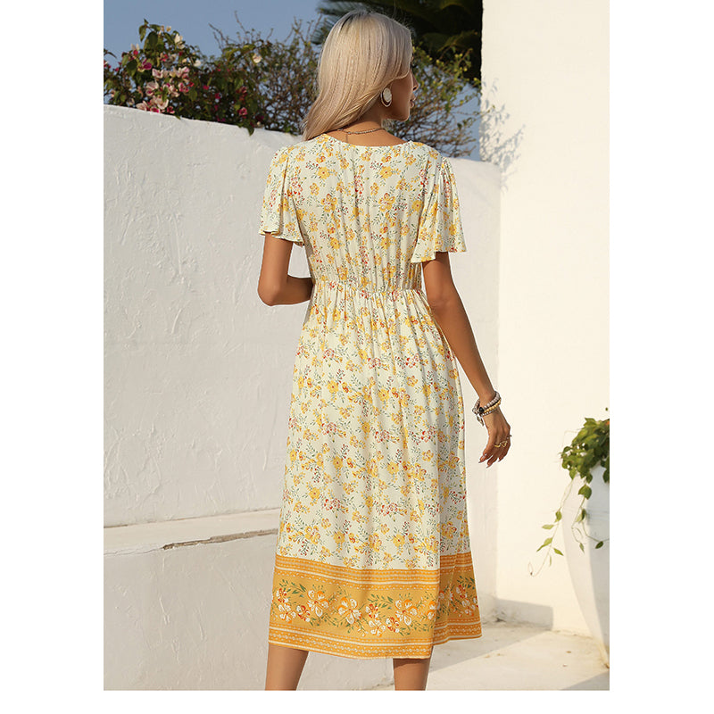 Yellow Floral Printed V-Neck Flared Sleeves Fit and Flare Midi Dress