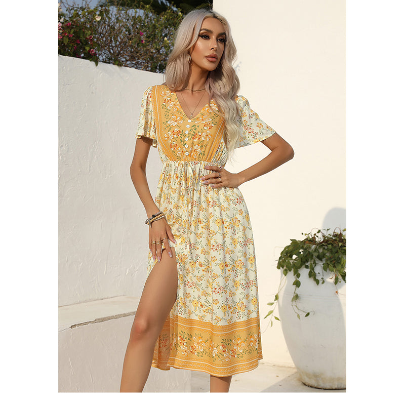 Yellow Floral Printed V-Neck Flared Sleeves Fit and Flare Midi Dress
