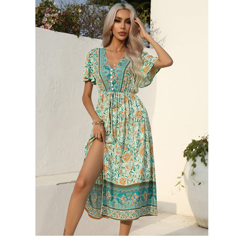 Green Floral Print Fit & Flare Midi Dress