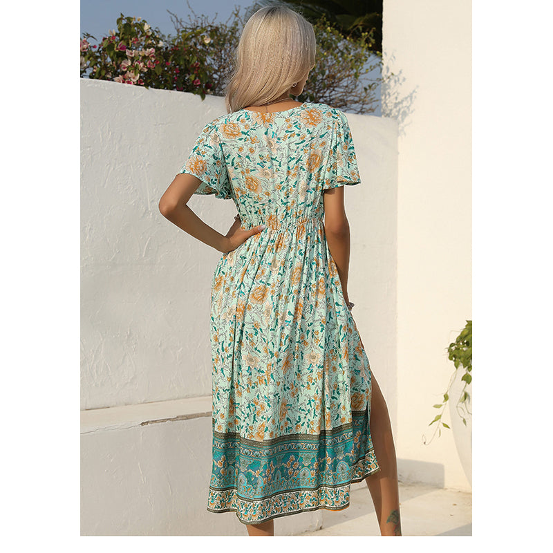 Green Floral Print Fit & Flare Midi Dress