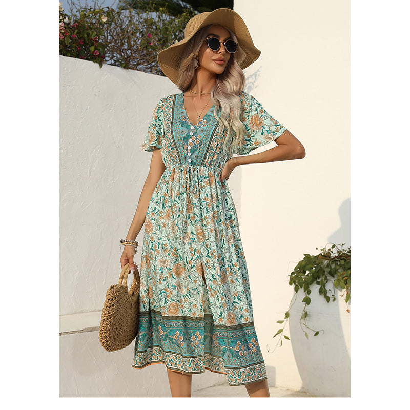 Green Floral Print Fit & Flare Midi Dress