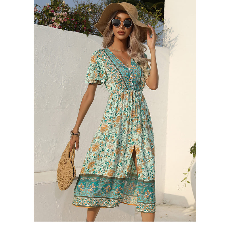 Green Floral Print Fit & Flare Midi Dress