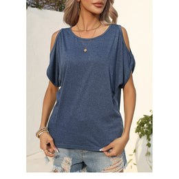 Navy Blue Round Neck Cold-Shoulder Sleeves Regular Top