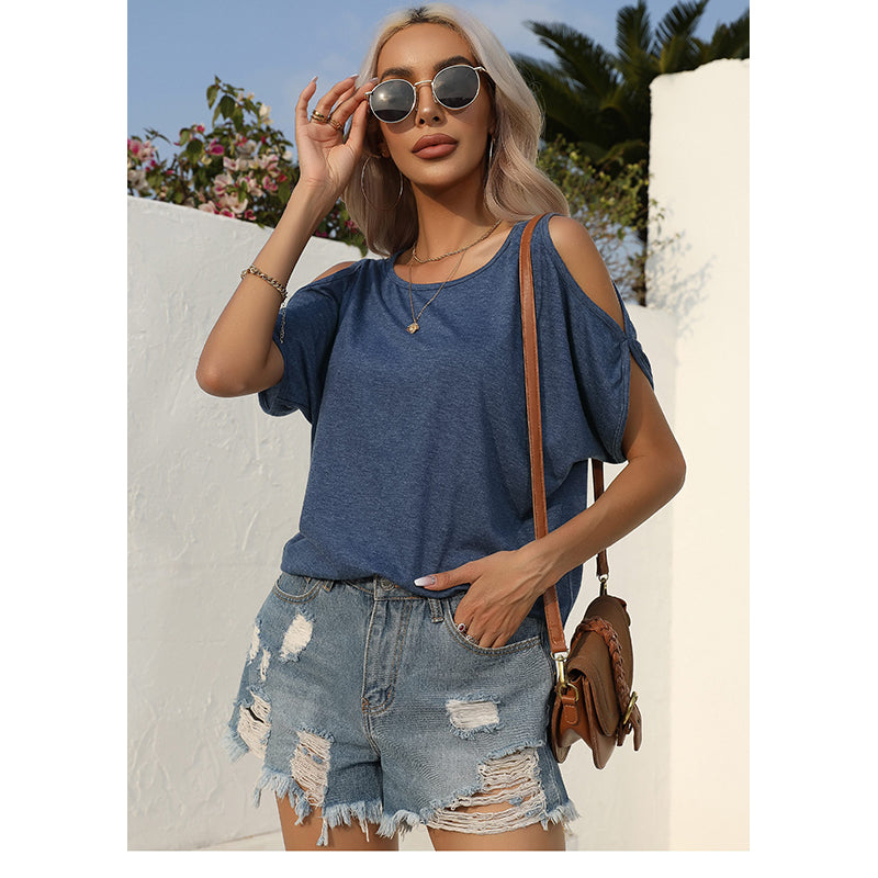 Navy Blue Round Neck Cold-Shoulder Sleeves Regular Top