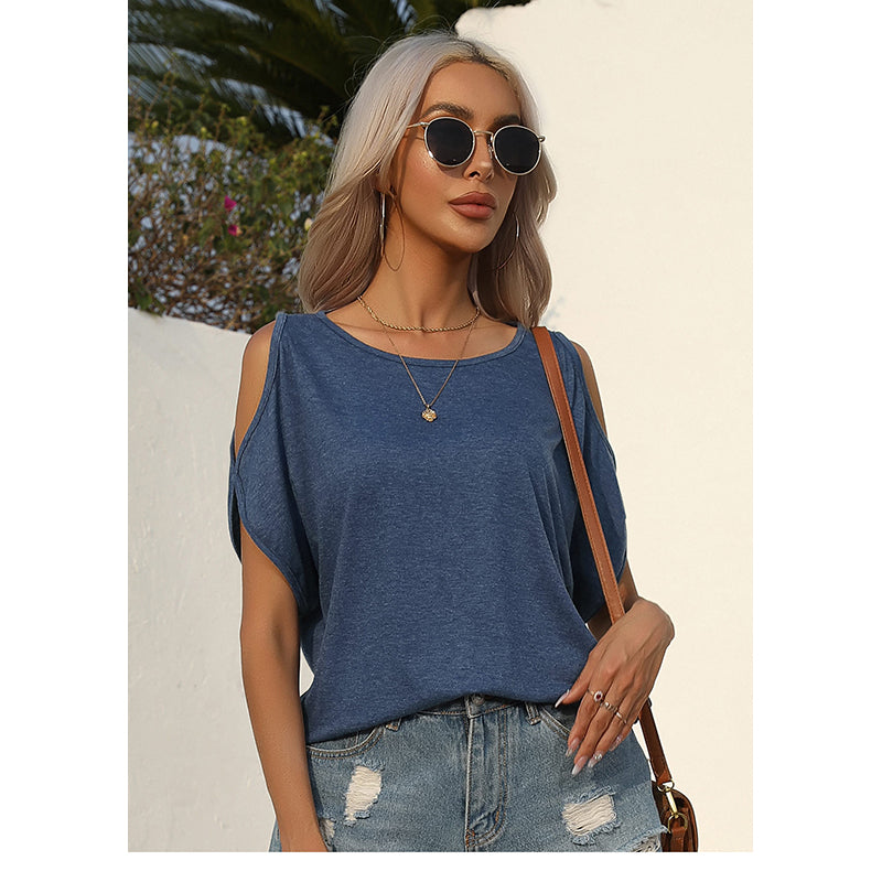 Navy Blue Round Neck Cold-Shoulder Sleeves Regular Top