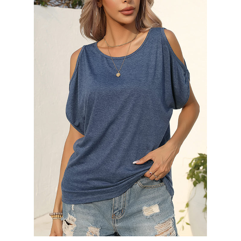 Navy Blue Round Neck Cold-Shoulder Sleeves Regular Top