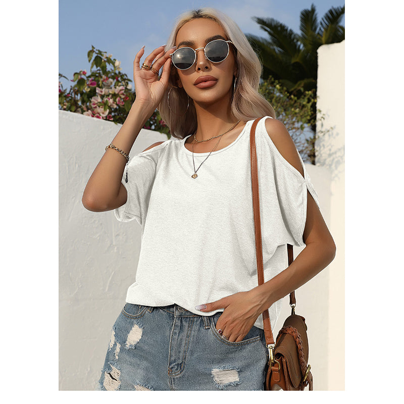 White Round Neck Cold-Shoulder Sleeves Regular Top