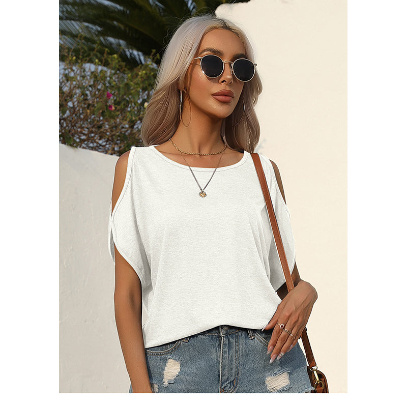 White Round Neck Cold-Shoulder Sleeves Regular Top