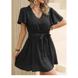 Black Flared Sleeves Gathered Detailed Fit & Flare Dress With Belt