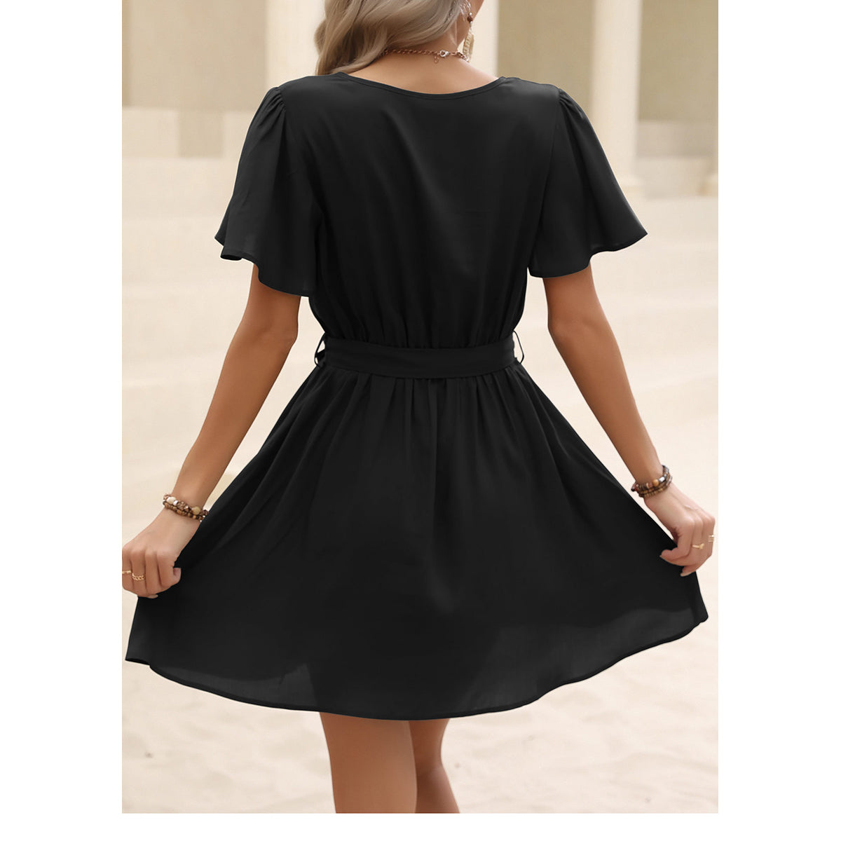 Black Flared Sleeves Gathered Detailed Fit & Flare Dress With Belt