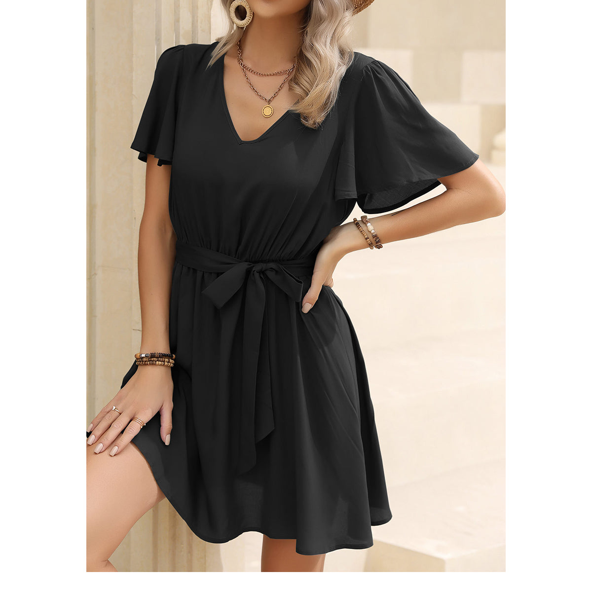 Black Flared Sleeves Gathered Detailed Fit & Flare Dress With Belt
