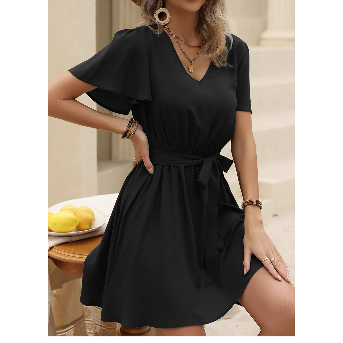 Black Flared Sleeves Gathered Detailed Fit & Flare Dress With Belt