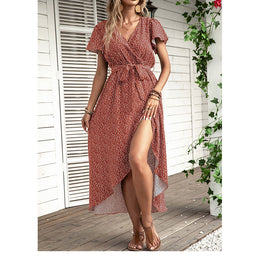 Red V Neck Print Flared Sleeve Midi Dress