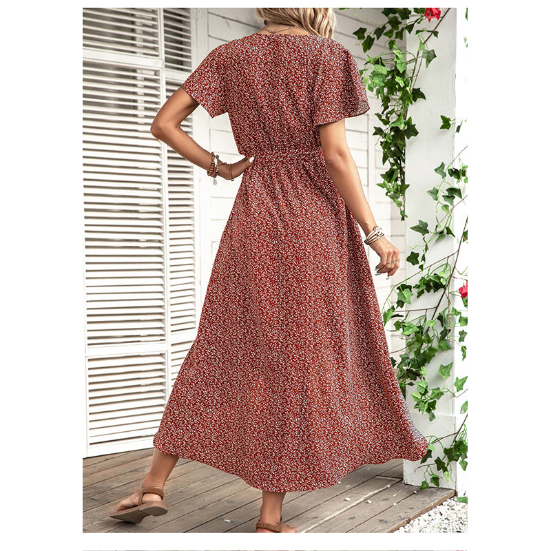 Red V Neck Print Flared Sleeve Midi Dress