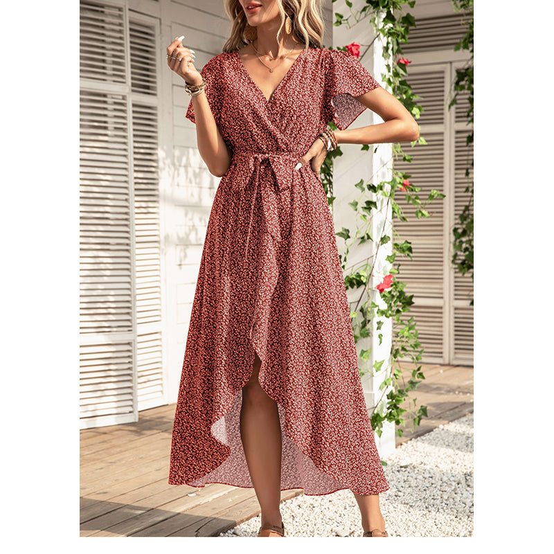 Red V Neck Print Flared Sleeve Midi Dress