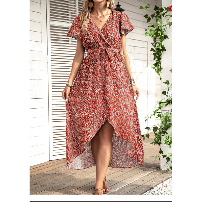 Red V Neck Print Flared Sleeve Midi Dress