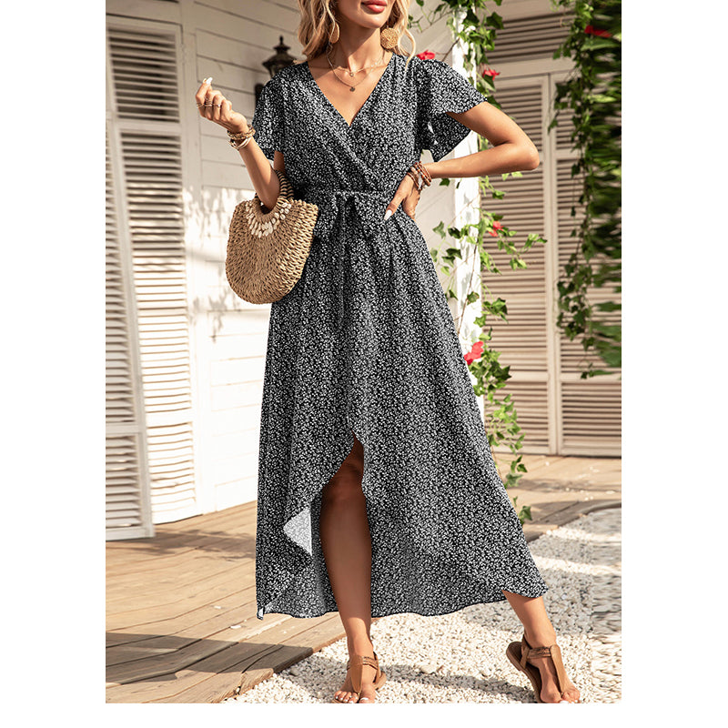 Black & White Floral Printed Wrap Midi Dress